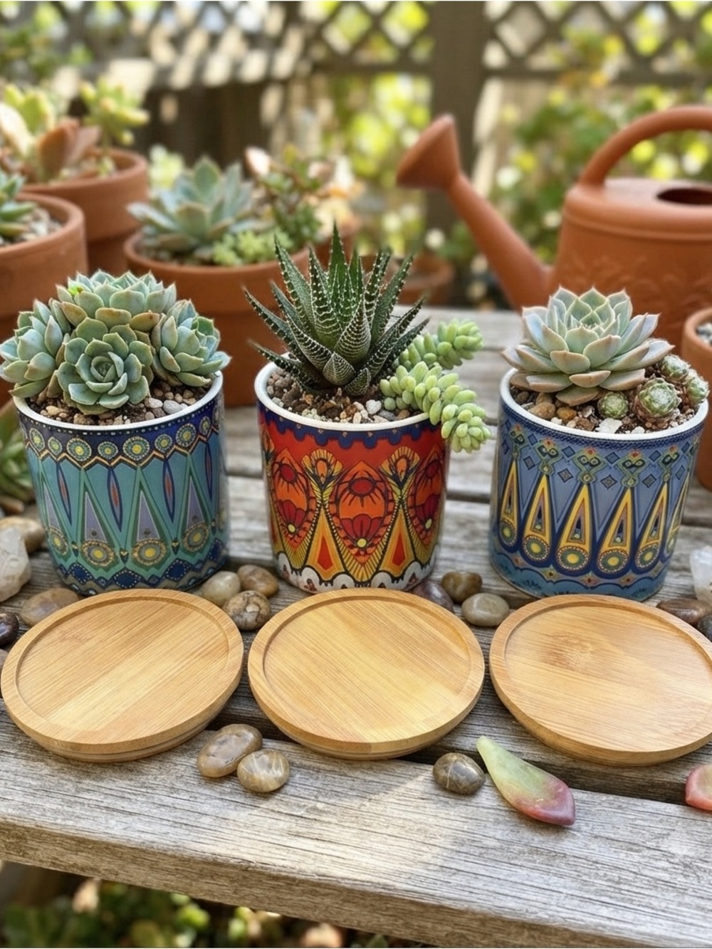 Set of three Boho Mandala Succulent Planters with Bamboo Saucers